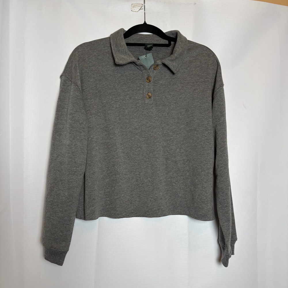NWT Wild Fable Gray Heather Crop Top Collared 3 Button Long‎ Sleeve Sweatshirt L